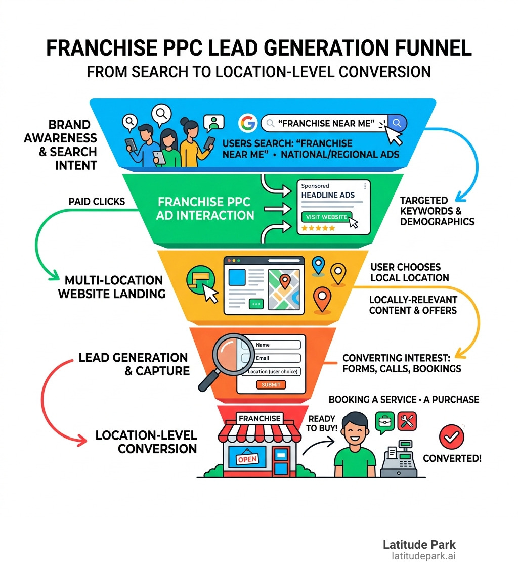 Franchise PPC lead generation funnel from search to location-level conversion - franchise pay per click infographic 