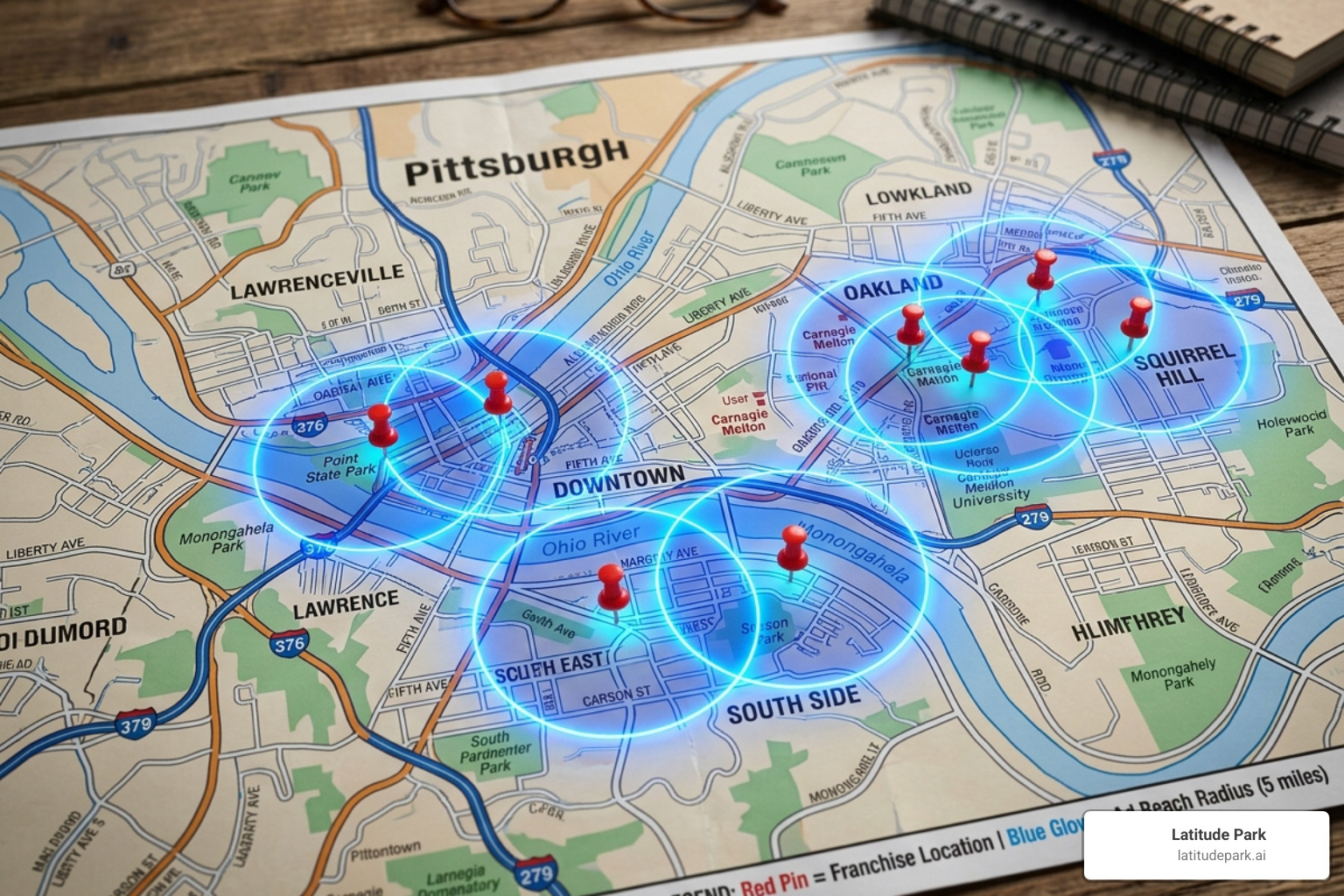 local map with franchise ad pins showing geo-targeted reach - franchise pay per click