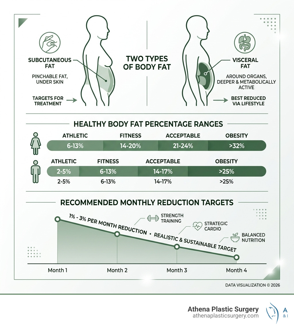 Infographic showing subcutaneous fat vs visceral fat, body fat percentage ranges, and monthly reduction targets - body fat Infographic showing subcutaneous fat vs visceral fat, body fat percentage ranges, and monthly reduction targets - body fat