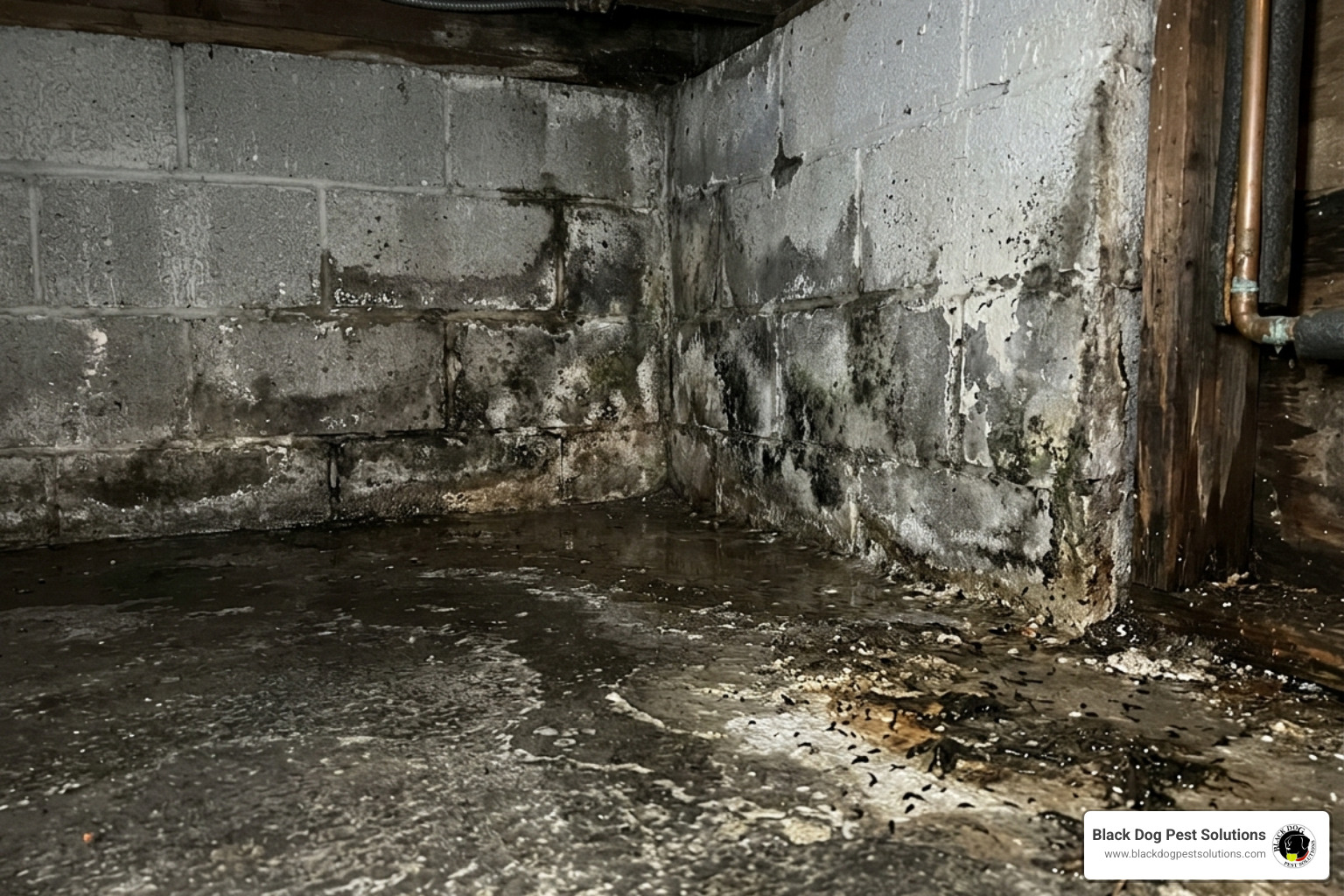 A damp, dark basement corner with visible water staining on the concrete—a prime breeding ground for springtails A damp, dark basement corner with visible water staining on the concrete—a prime breeding ground for springtails