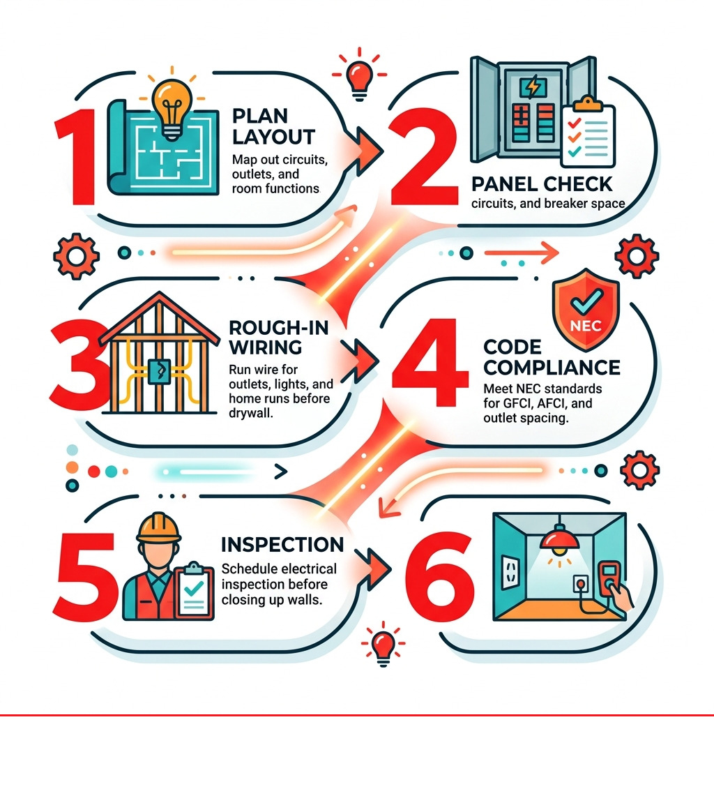 Basement electrical remodeling sequence infographic: plan, panel check, rough-in, code compliance, inspection, finish Basement electrical remodeling sequence infographic: plan, panel check, rough-in, code compliance, inspection, finish