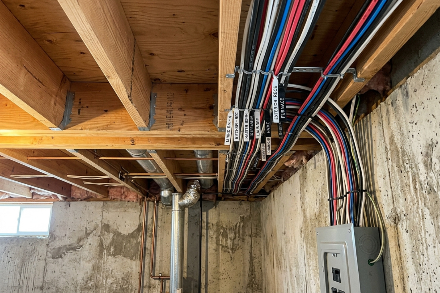 electrical home run wires labeled in a basement ceiling - Basement Remodeling Electrical electrical home run wires labeled in a basement ceiling - Basement Remodeling Electrical