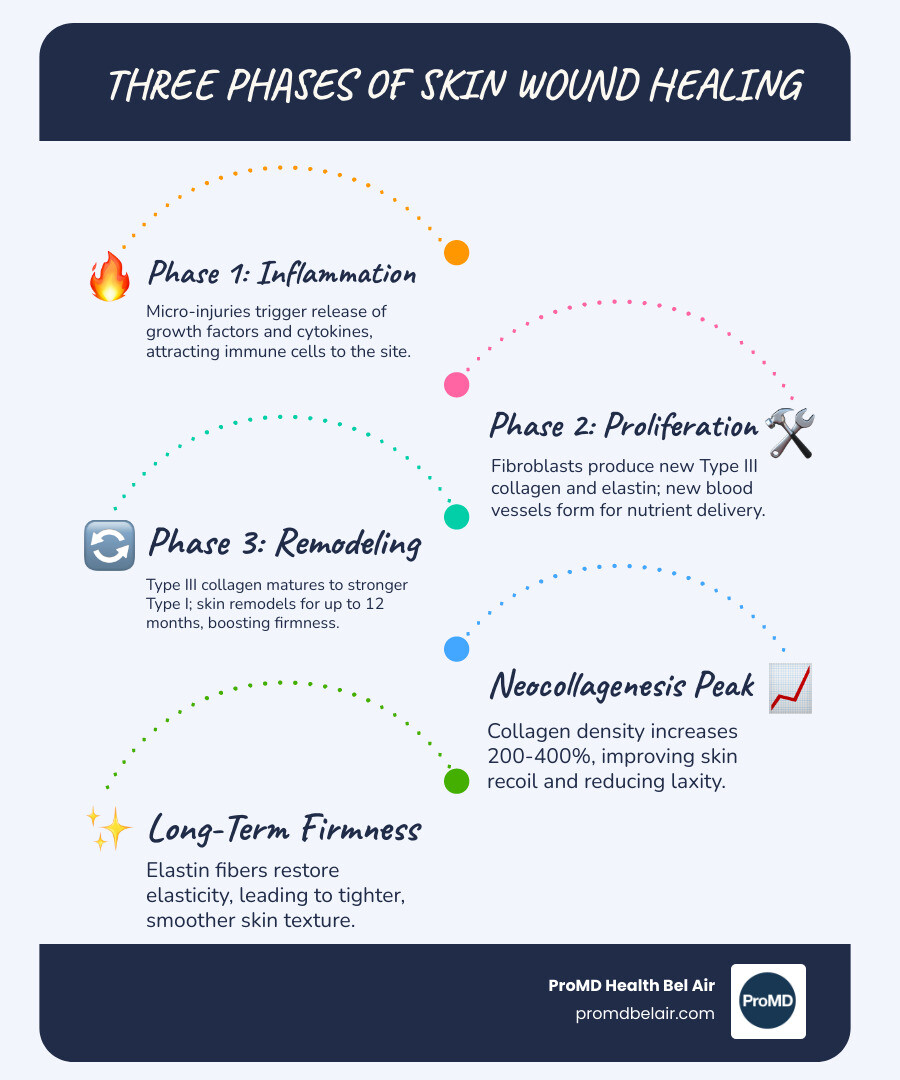 Infographic showing the three phases of skin wound healing: inflammation, proliferation, and remodeling with collagen