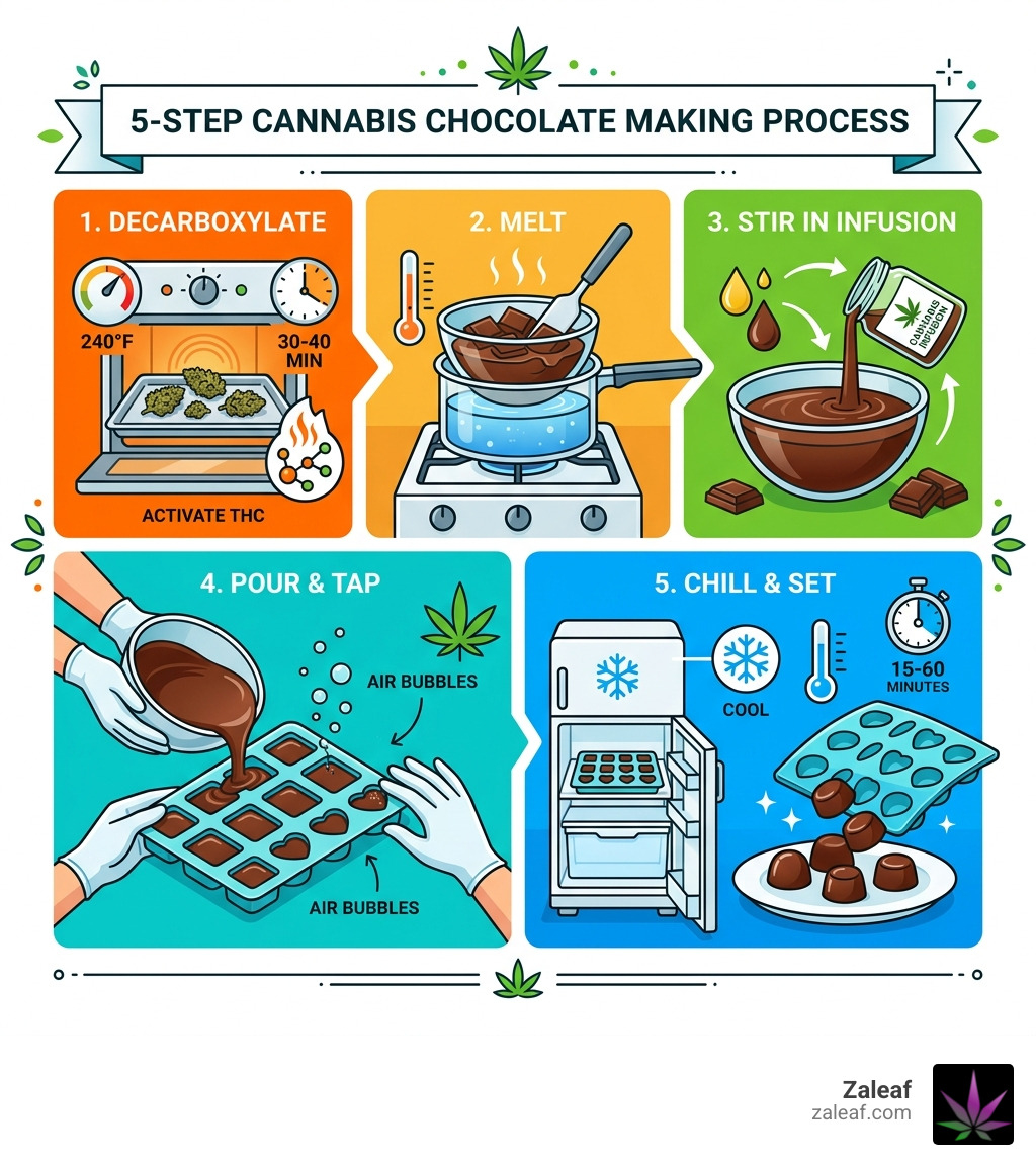 5-step cannabis chocolate making process infographic from decarboxylation to finished chocolates - how to make cannabis 5-step cannabis chocolate making process infographic from decarboxylation to finished chocolates - how to make cannabis