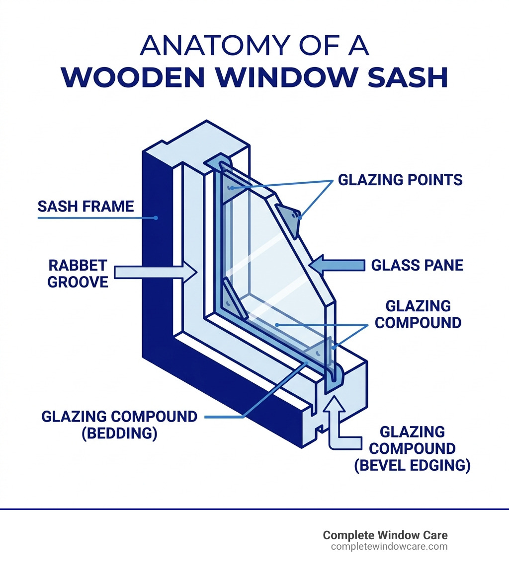 Infographic showing anatomy of a wooden window sash: rabbet groove, glazing points, glazing compound, glass pane, and sash