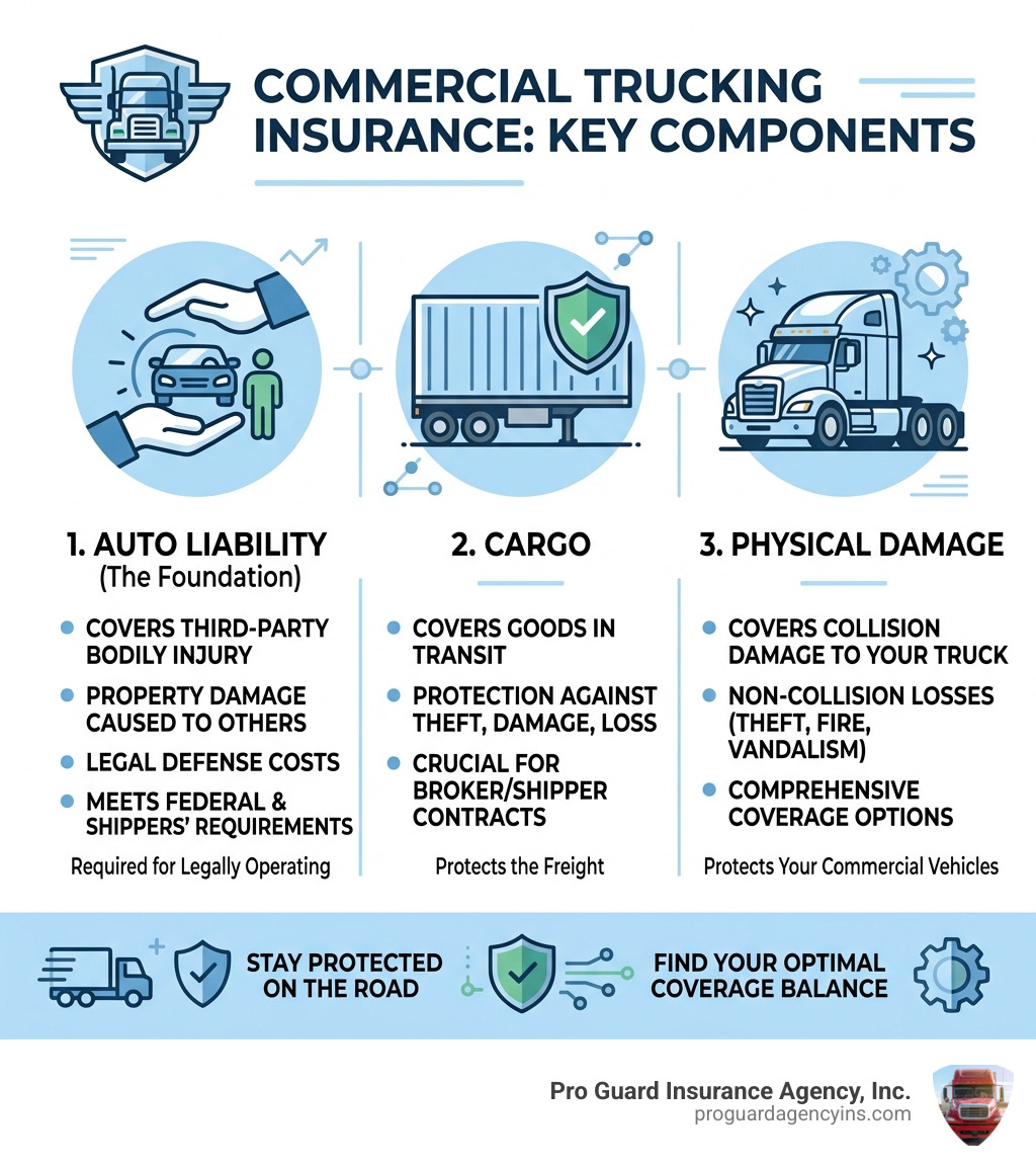 Components of a commercial trucking insurance policy including auto liability, cargo, and physical damage - commercial auto Components of a commercial trucking insurance policy including auto liability, cargo, and physical damage - commercial auto