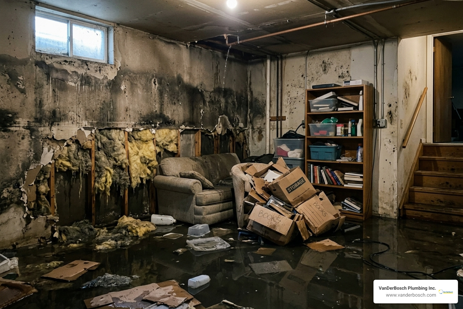 Water damage in a residential basement caused by a burst pipe - frozen pipe plumber near me Water damage in a residential basement caused by a burst pipe - frozen pipe plumber near me