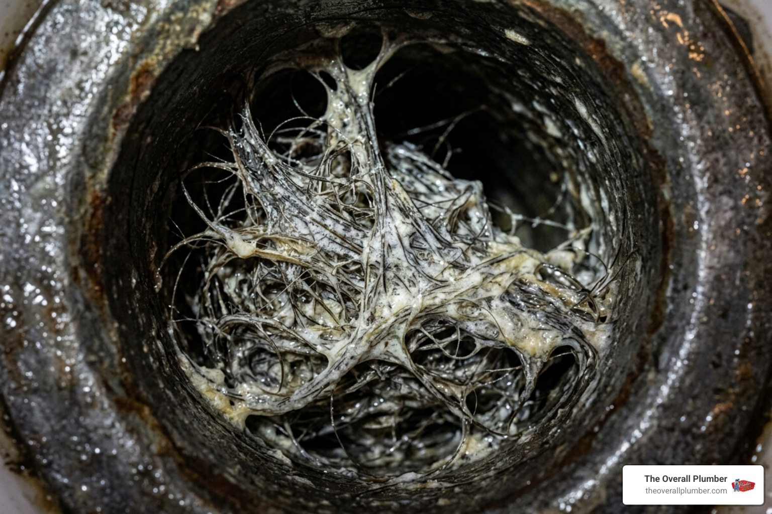 Close up of hair and soap scum buildup in a bathroom drain - clogging of drainage