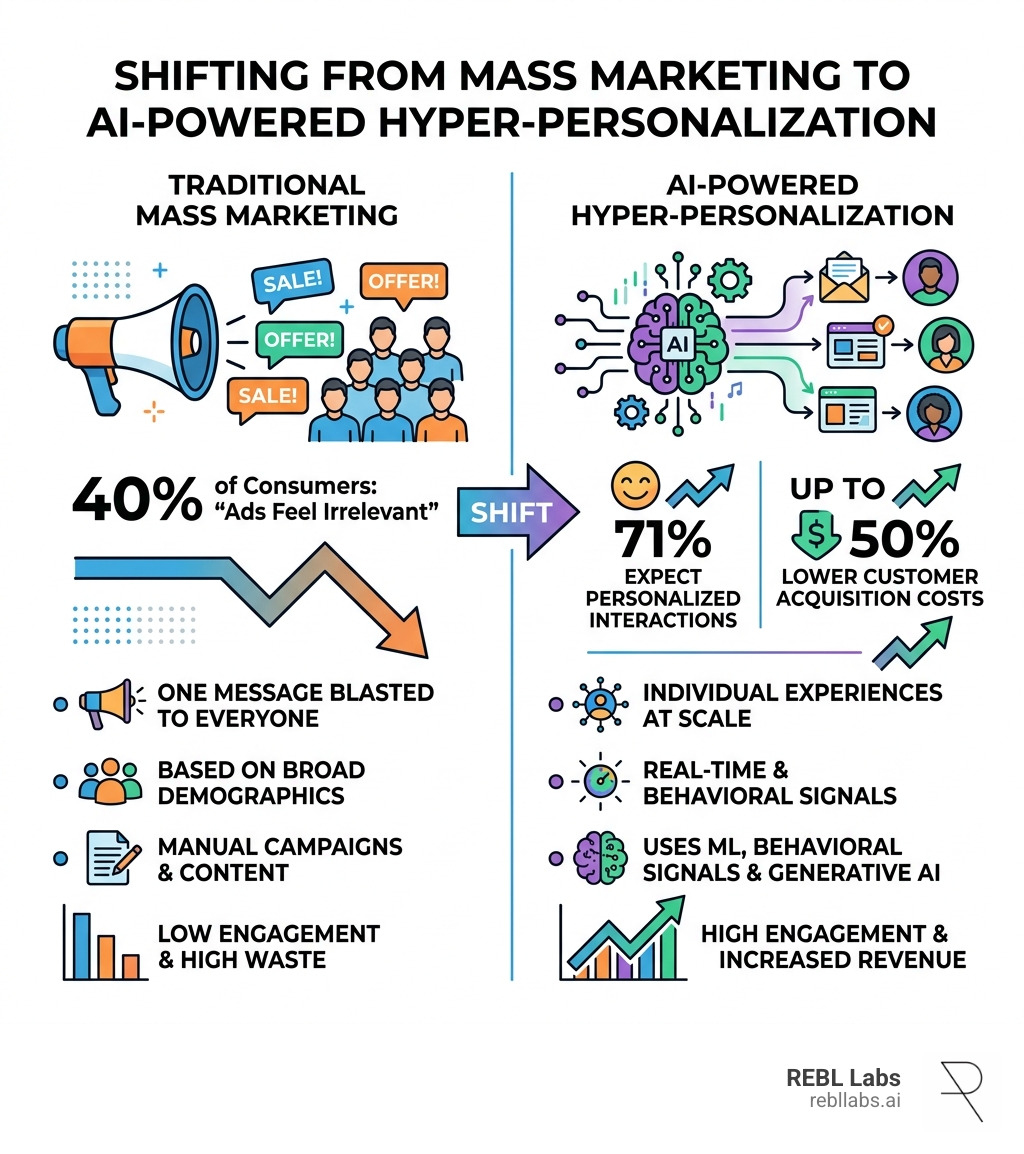 Infographic showing the shift from mass marketing to AI-powered hyper-personalization with key stats - Personalized