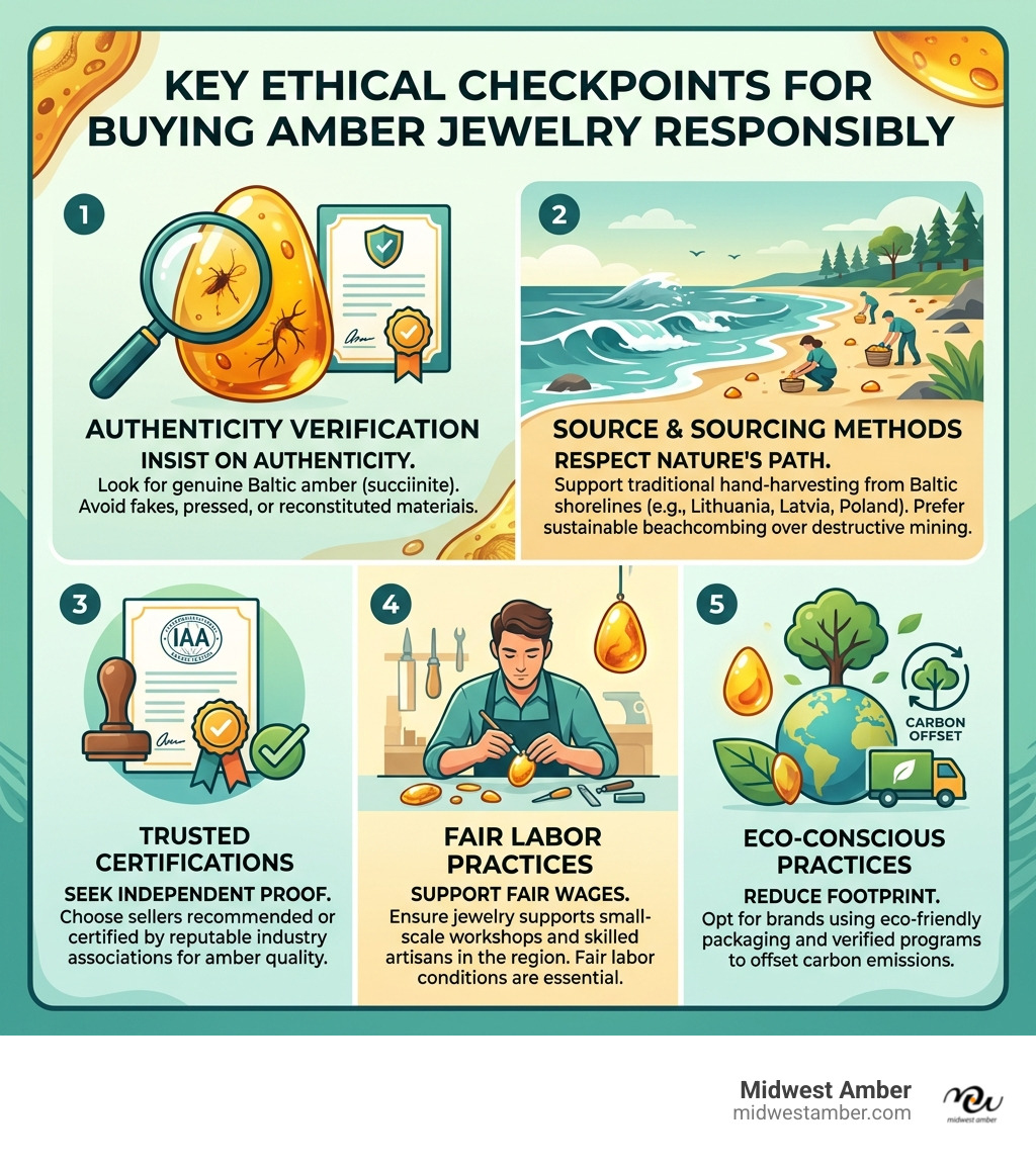 Infographic showing key ethical checkpoints for buying amber jewelry responsibly - amber jewelry ethical infographic 