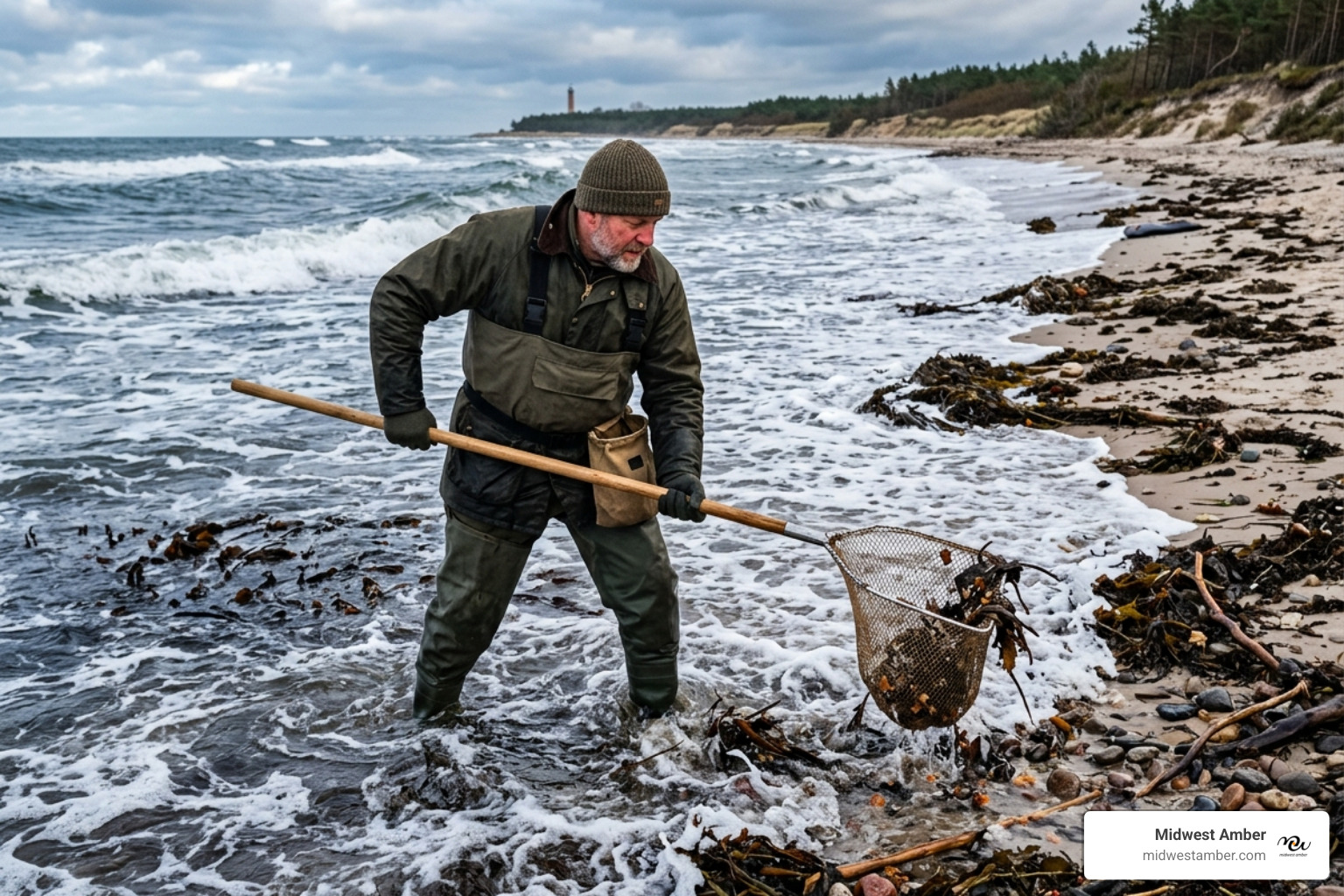 An amber hunter using a traditional skimming net to collect Baltic amber after a storm - amber jewelry ethical