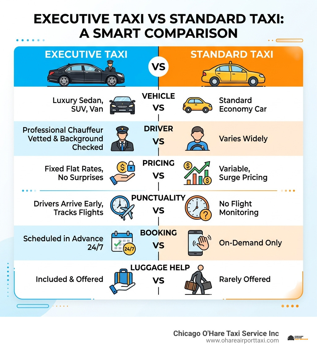 Infographic comparing executive taxi vs standard taxi features and benefits - executive taxis near me infographic Infographic comparing executive taxi vs standard taxi features and benefits - executive taxis near me infographic
