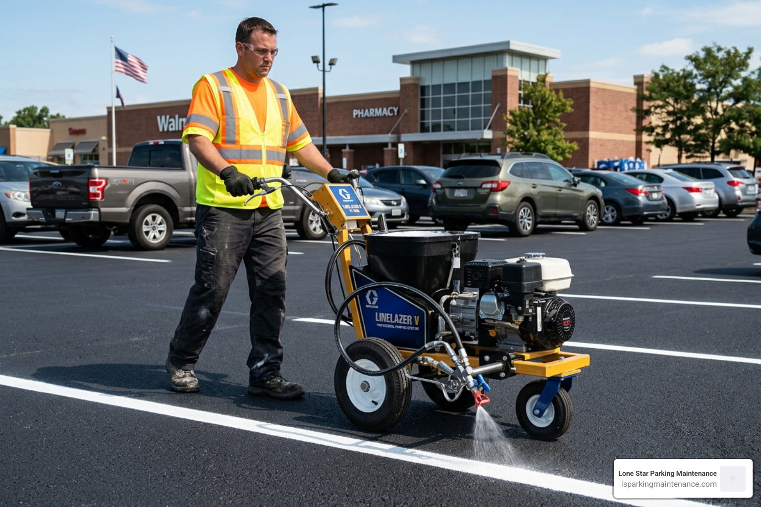 A professional airless striper applying a crisp white line on fresh asphalt - parking lot painting machine A professional airless striper applying a crisp white line on fresh asphalt - parking lot painting machine