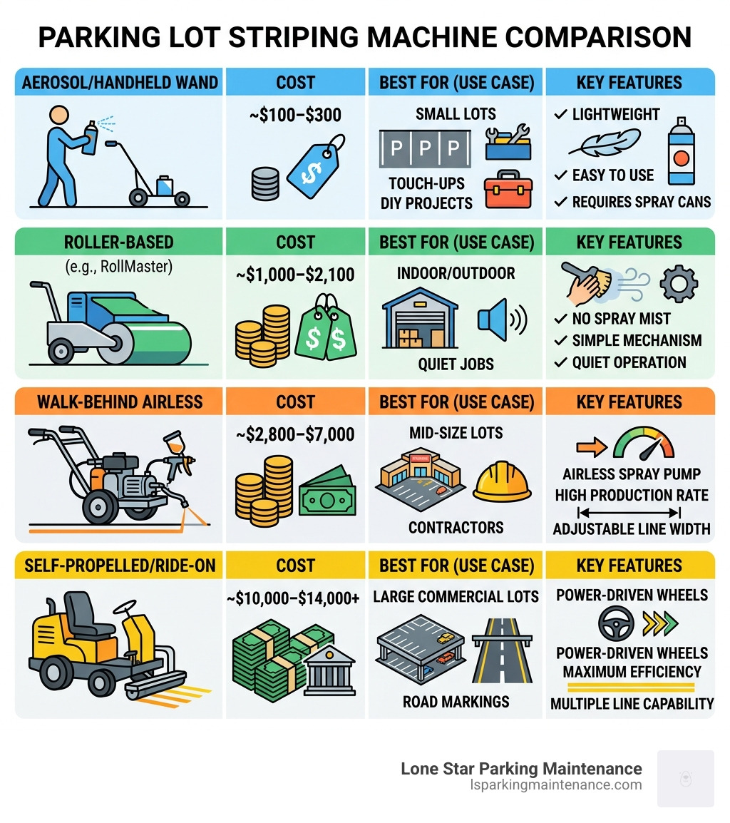 Infographic comparing types of parking lot painting machines by cost, use case, and key features - parking lot painting Infographic comparing types of parking lot painting machines by cost, use case, and key features - parking lot painting