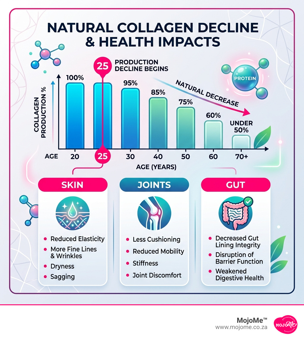 natural decline of collagen production by age from 25 with health impacts on skin joints and gut - grass fed beef collagen