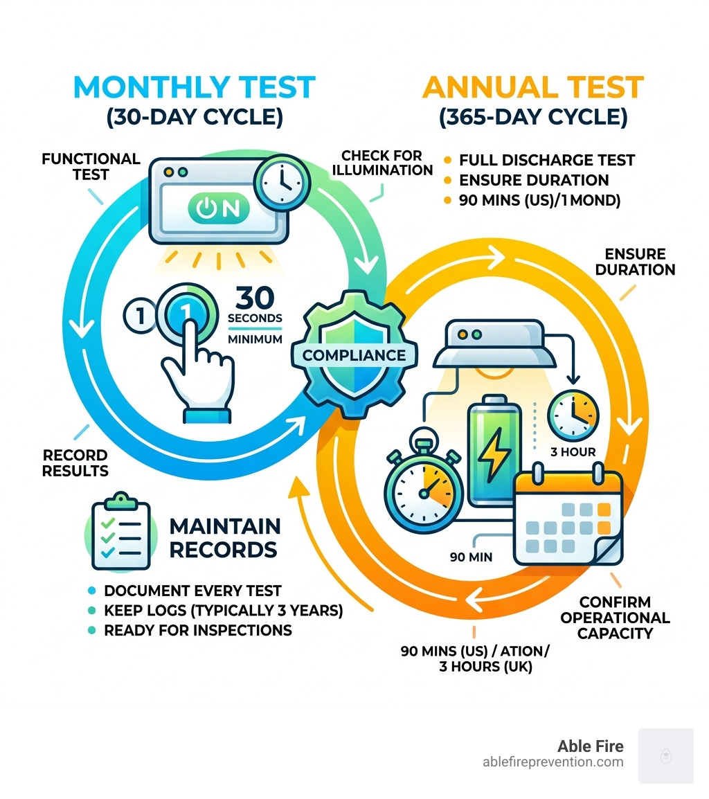30-day monthly test and 365-day annual test cycle for emergency lighting compliance - emergency lighting testing infographic 