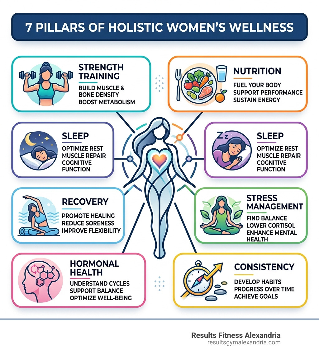 7 pillars of holistic women's wellness infographic: strength training, nutrition, sleep, stress management, recovery