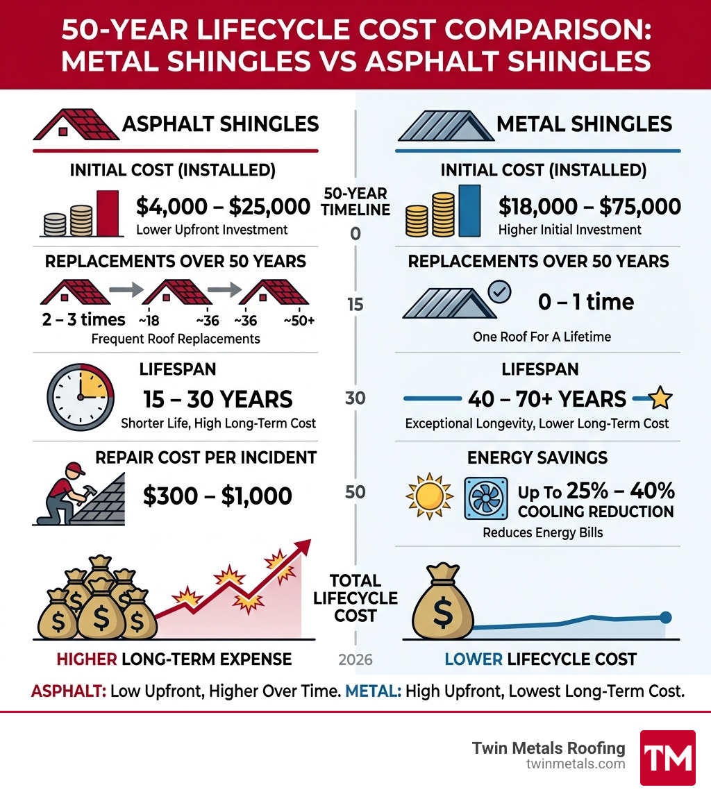 50-year lifecycle cost comparison of metal shingles vs asphalt shingles infographic - metal shingles vs asphalt shingles