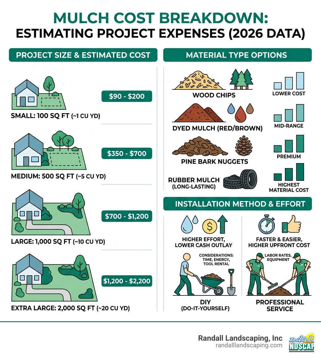 infographic showing mulch cost breakdown by project size, material type, and installation method - cost of laying mulch