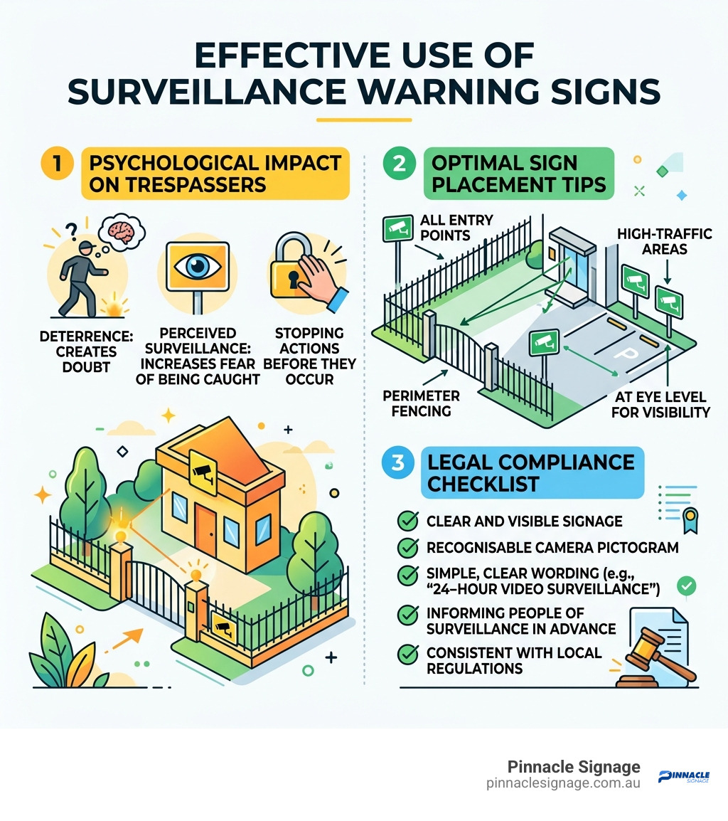 Educational guide for warning signs security camera installation, showing how sign placement at entry points and eye level creates a psychological deterrent for trespassers.
