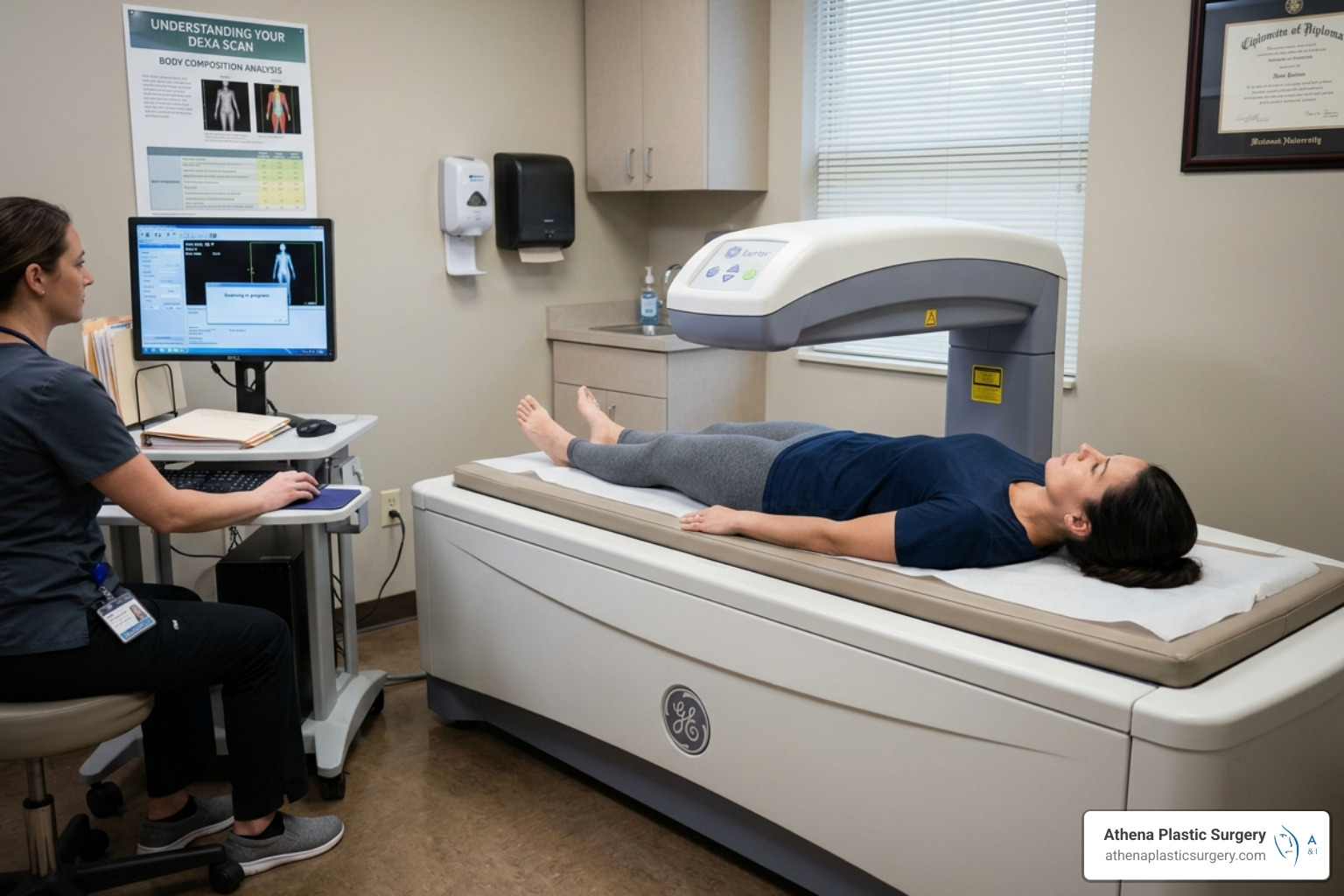 A person undergoing a DEXA scan for body composition analysis - body fat percentage reduction A person undergoing a DEXA scan for body composition analysis - body fat percentage reduction