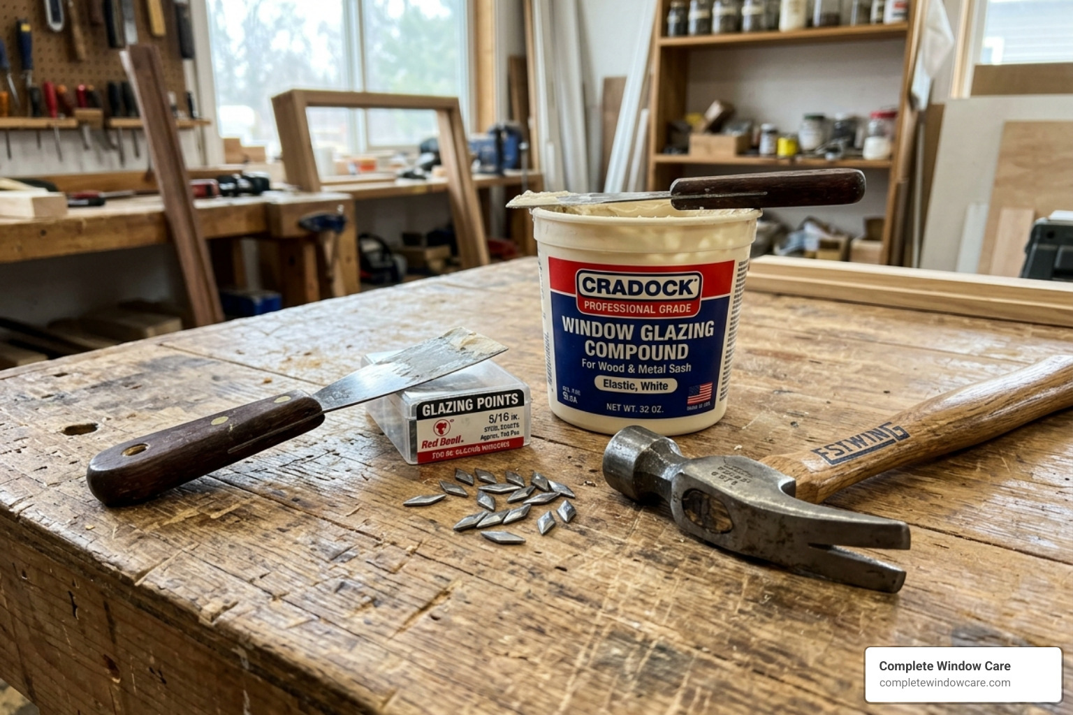 A glazier's toolkit featuring a putty knife, glazing points, a small hammer, and a tub of glazing compound - how to replace