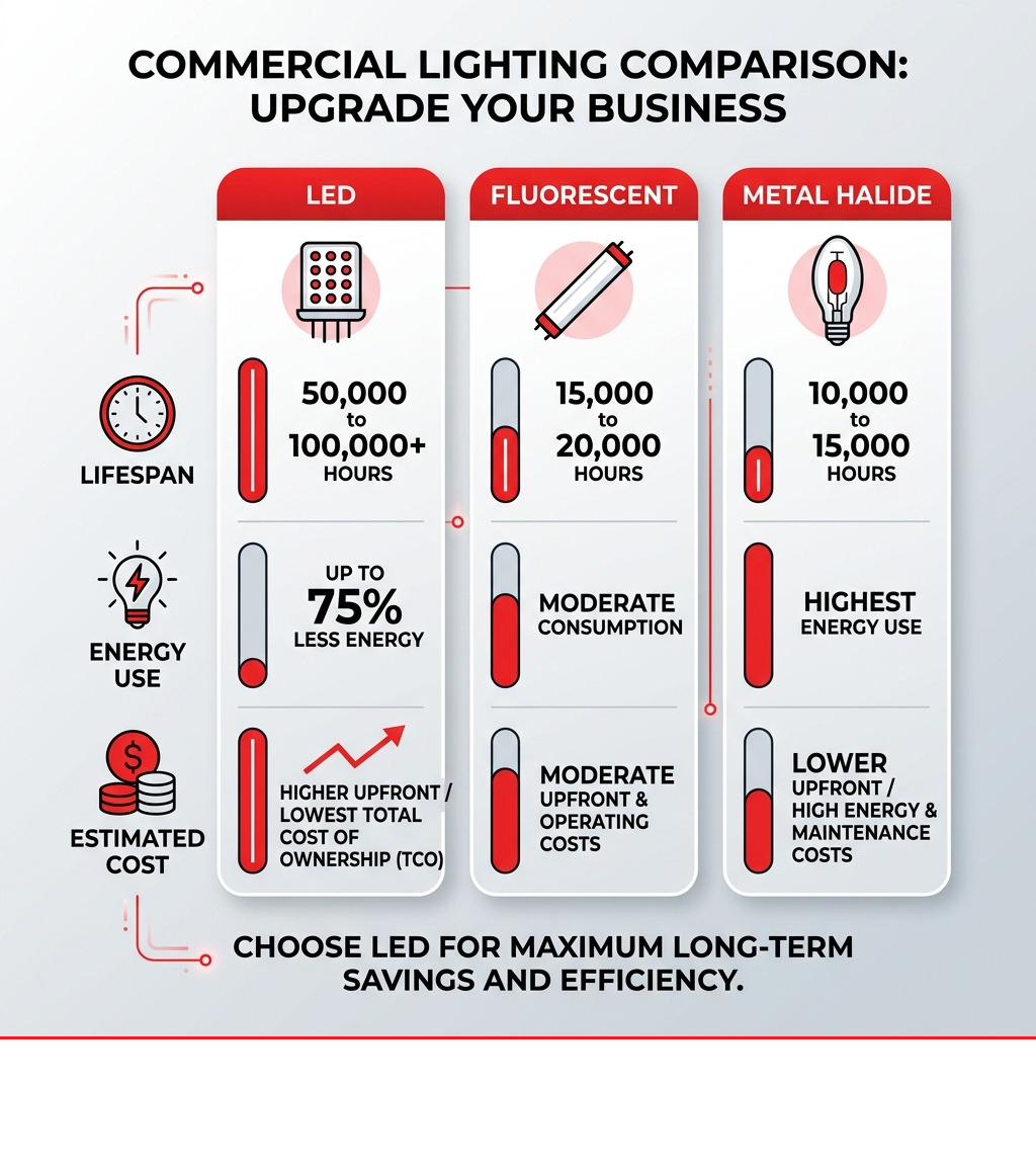 Infographic comparing LED vs fluorescent vs metal halide lifespan energy use and cost - commercial led installation Infographic comparing LED vs fluorescent vs metal halide lifespan energy use and cost - commercial led installation
