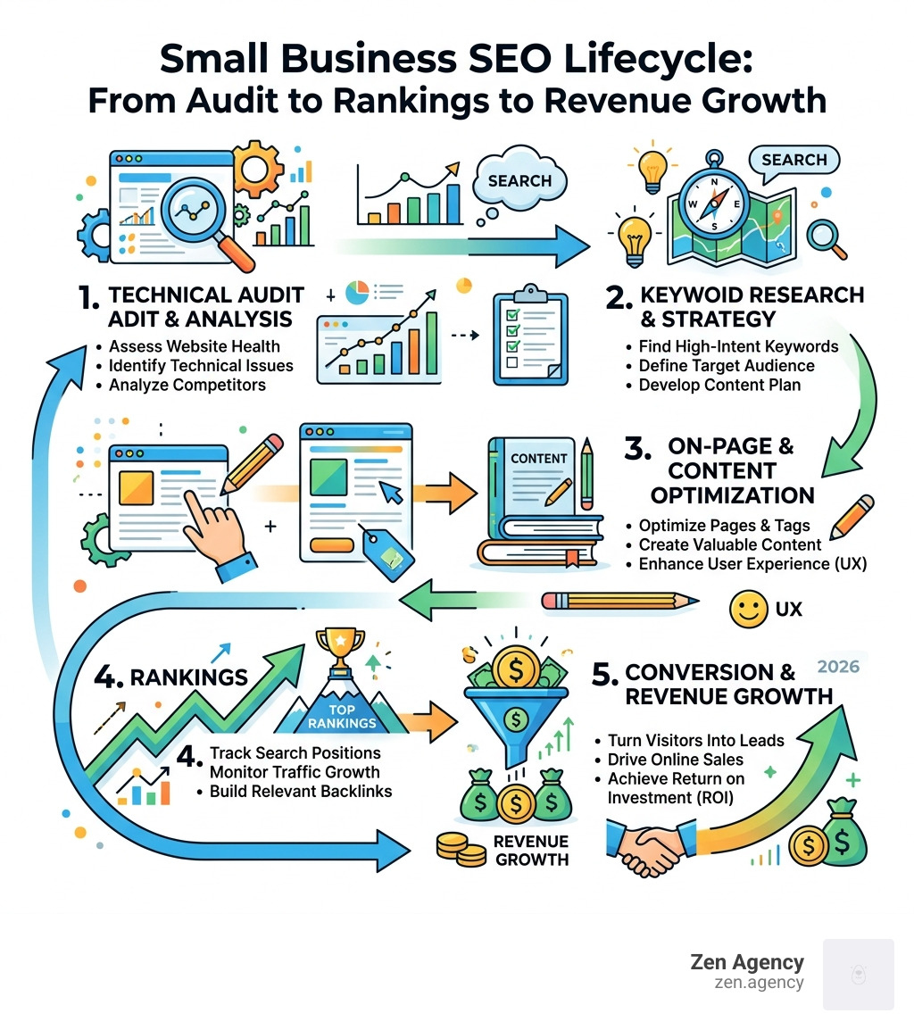 Small business SEO lifecycle from audit to rankings to revenue growth infographic - best seo companies for small business Small business SEO lifecycle from audit to rankings to revenue growth infographic - best seo companies for small business