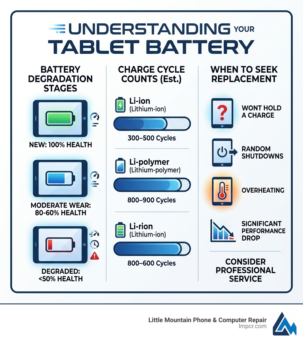 Infographic showing tablet battery degradation stages, charge cycle counts for Li-ion vs Li-polymer, and when to seek