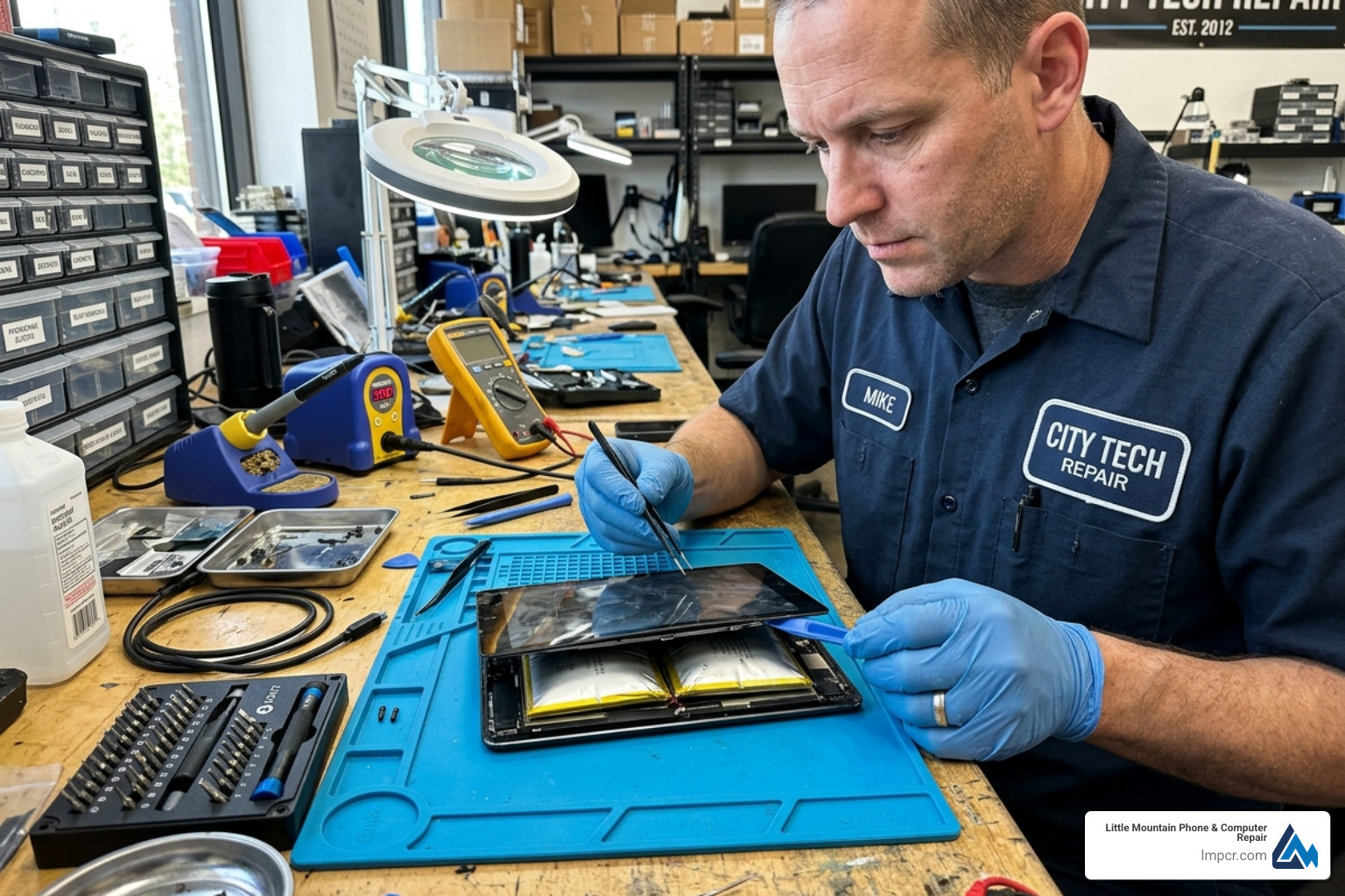 Technician examining a tablet with a swollen battery causing the screen to lift - Tablet battery replacement service