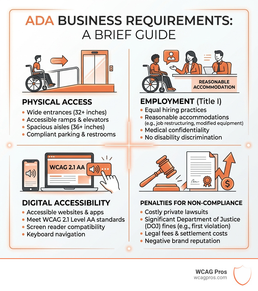 Infographic showing ADA business requirements across physical access, employment, digital accessibility, and penalties - ada Infographic showing ADA business requirements across physical access, employment, digital accessibility, and penalties - ada