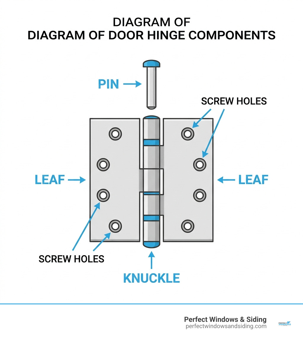 Diagram of door hinge components including leaf, knuckle, pin, and screw holes - installing door hinges infographic Diagram of door hinge components including leaf, knuckle, pin, and screw holes - installing door hinges infographic