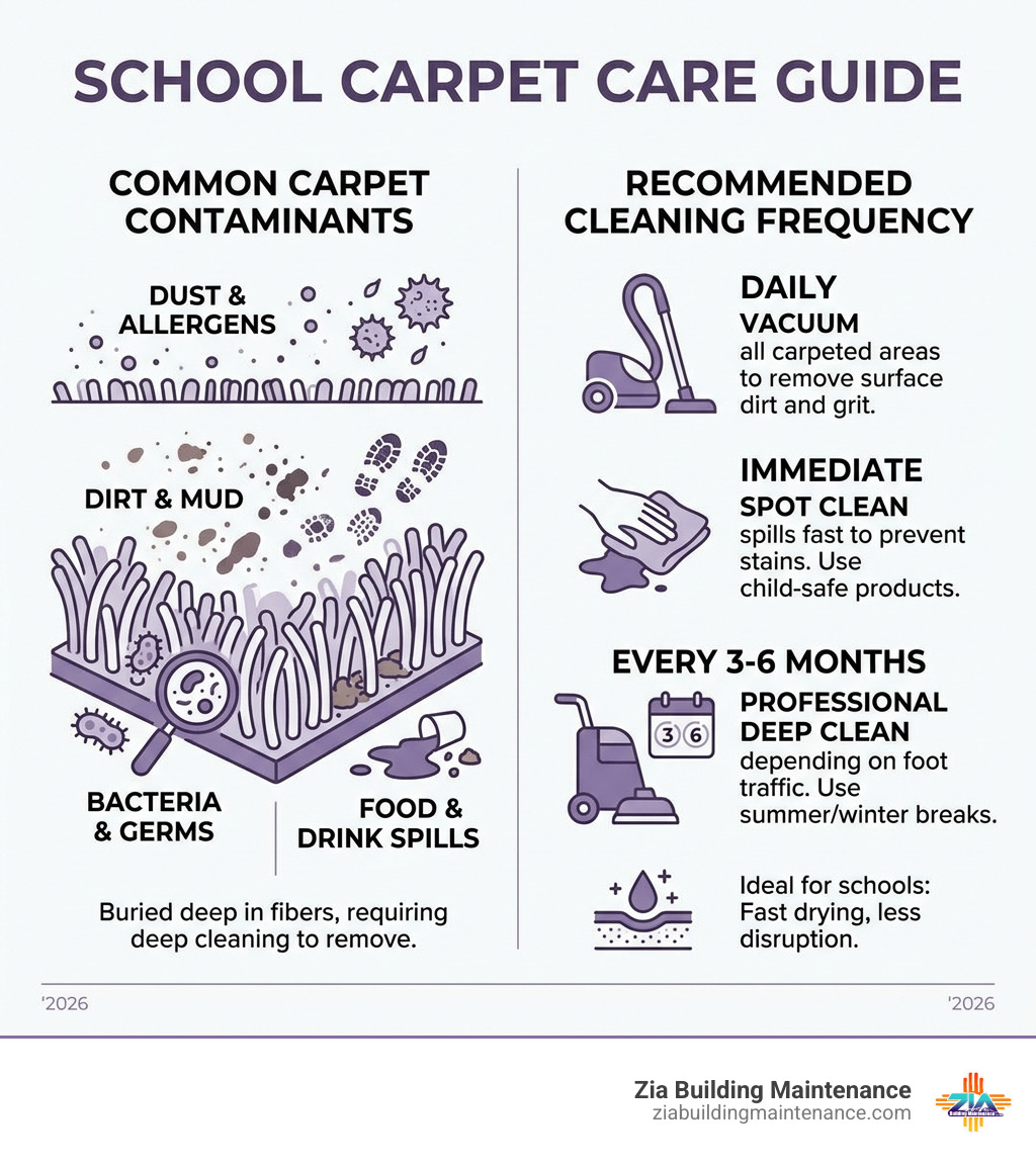 Infographic showing common carpet contaminants in schools and recommended cleaning frequency - School carpet cleaning Infographic showing common carpet contaminants in schools and recommended cleaning frequency - School carpet cleaning