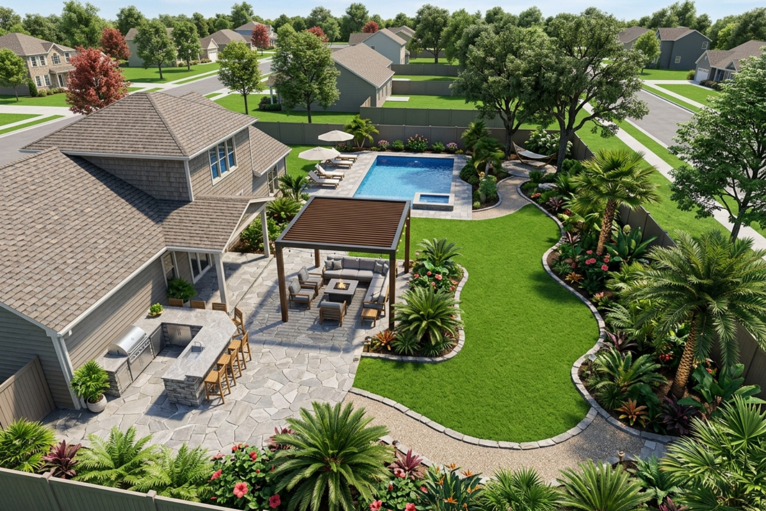 3D landscape design plan showing a modern backyard layout with a patio and lighting - wesley chapel landscaping 3D landscape design plan showing a modern backyard layout with a patio and lighting - wesley chapel landscaping