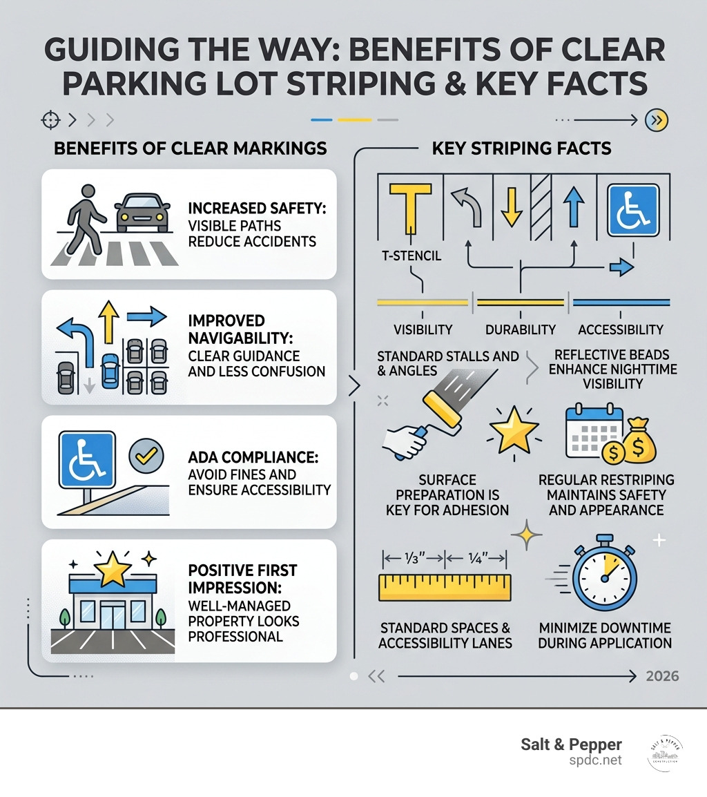 Infographic showing benefits of clear parking lot pavement markings and key striping facts - Parking lot striping