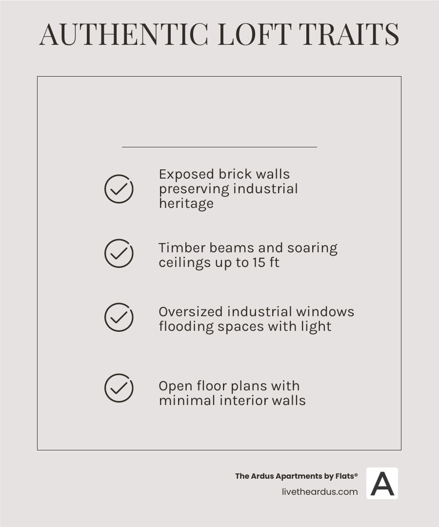Key characteristics of authentic Chicago lofts in Fulton Market infographic - fulton market lofts for rent infographic