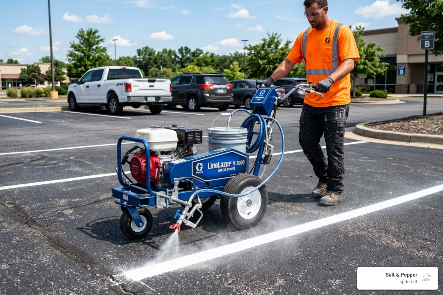 Professional high-grade airless striping machine in action on asphalt - Parking lot striping