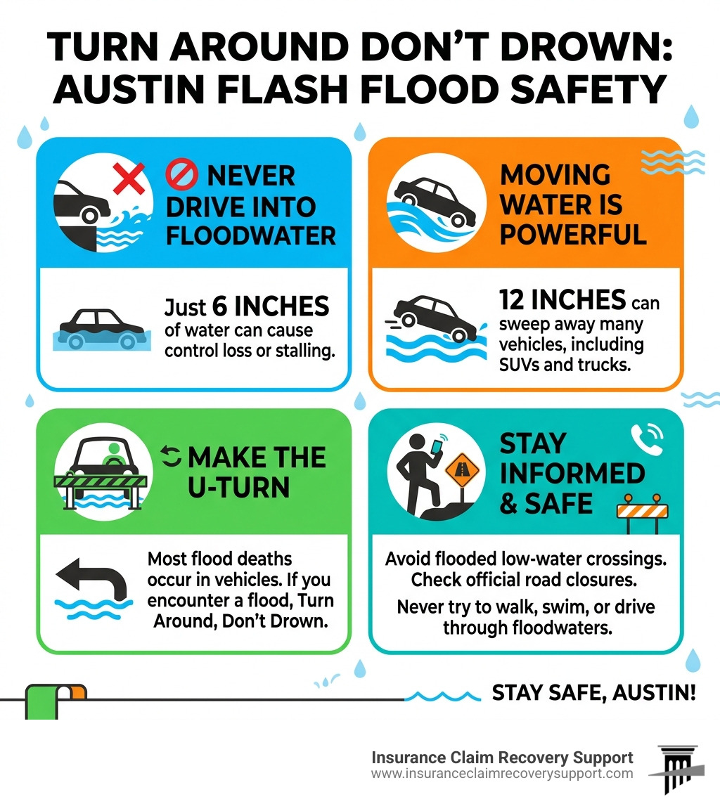 Turn Around Don't Drown safety protocols infographic for Austin flash flood emergency - flooding in austin today infographic Turn Around Don't Drown safety protocols infographic for Austin flash flood emergency - flooding in austin today infographic