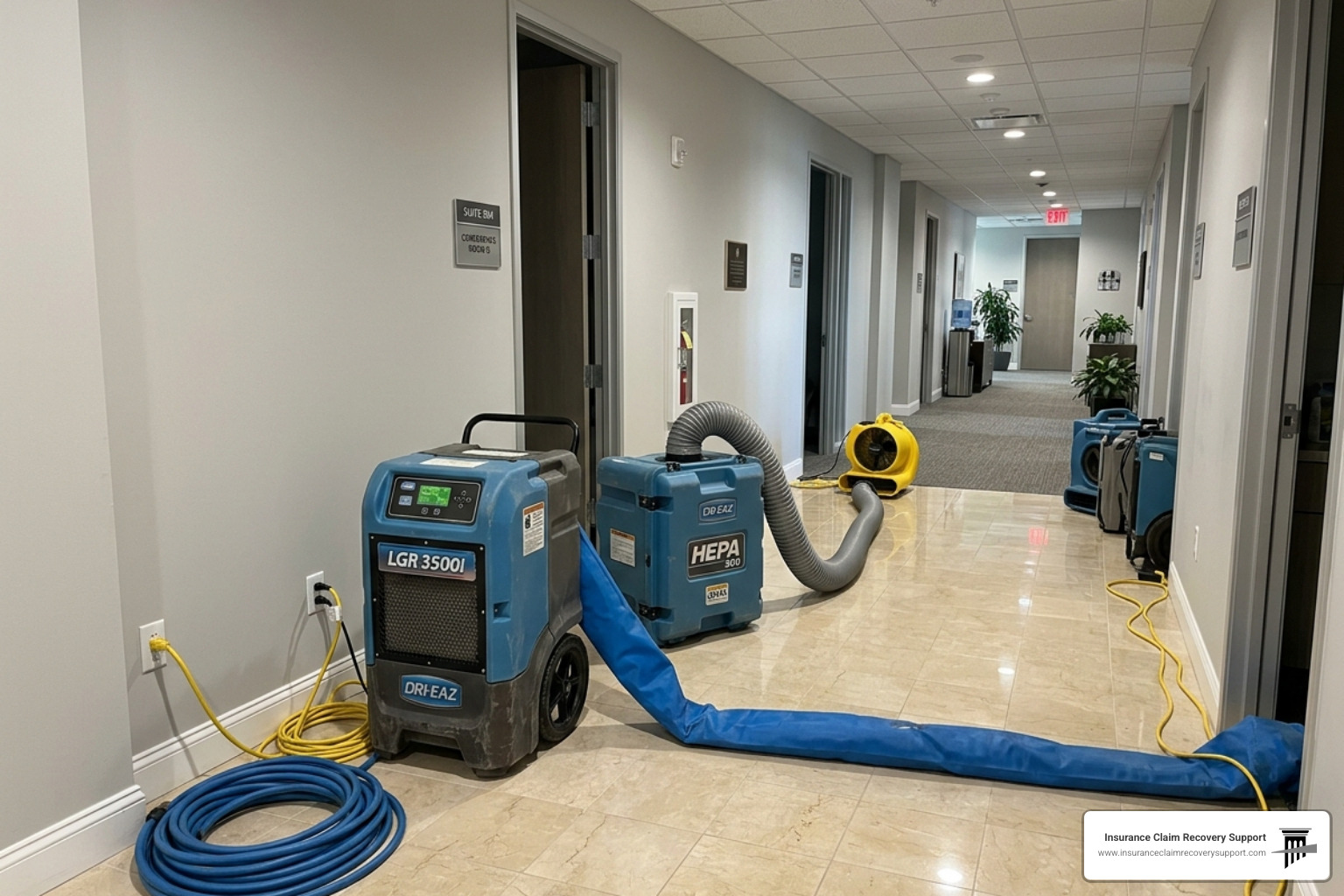 Professional restoration equipment including industrial dehumidifiers and air scrubbers in a commercial hallway - commercial Professional restoration equipment including industrial dehumidifiers and air scrubbers in a commercial hallway - commercial