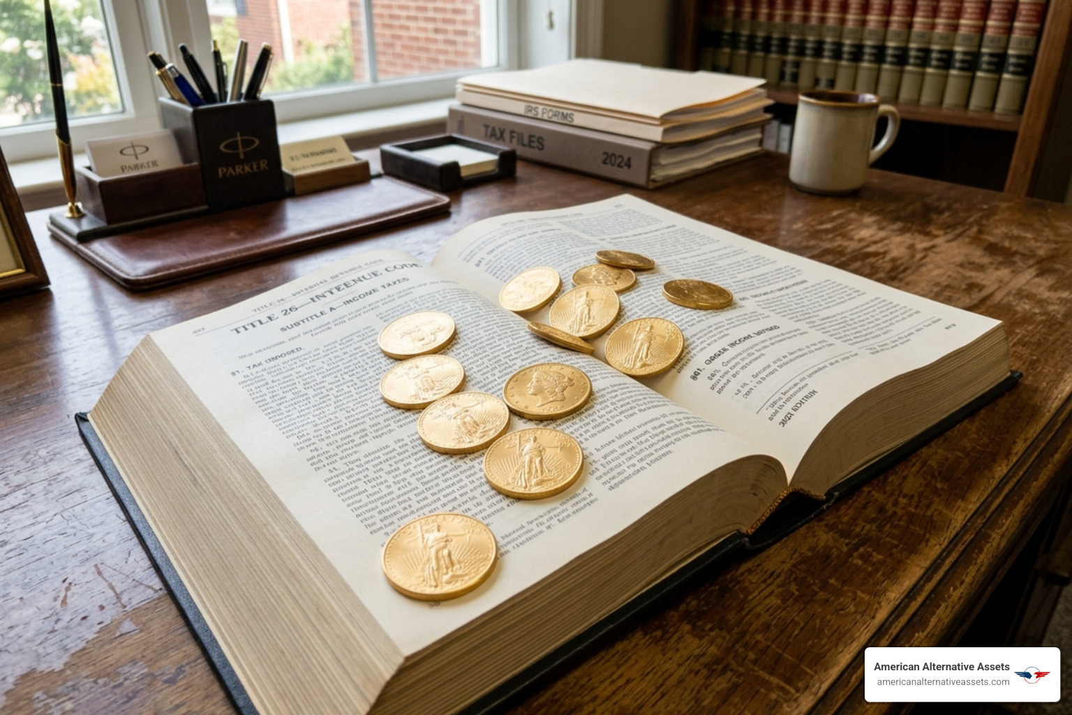 Internal Revenue Code book with gold coins - gold ira home storage
