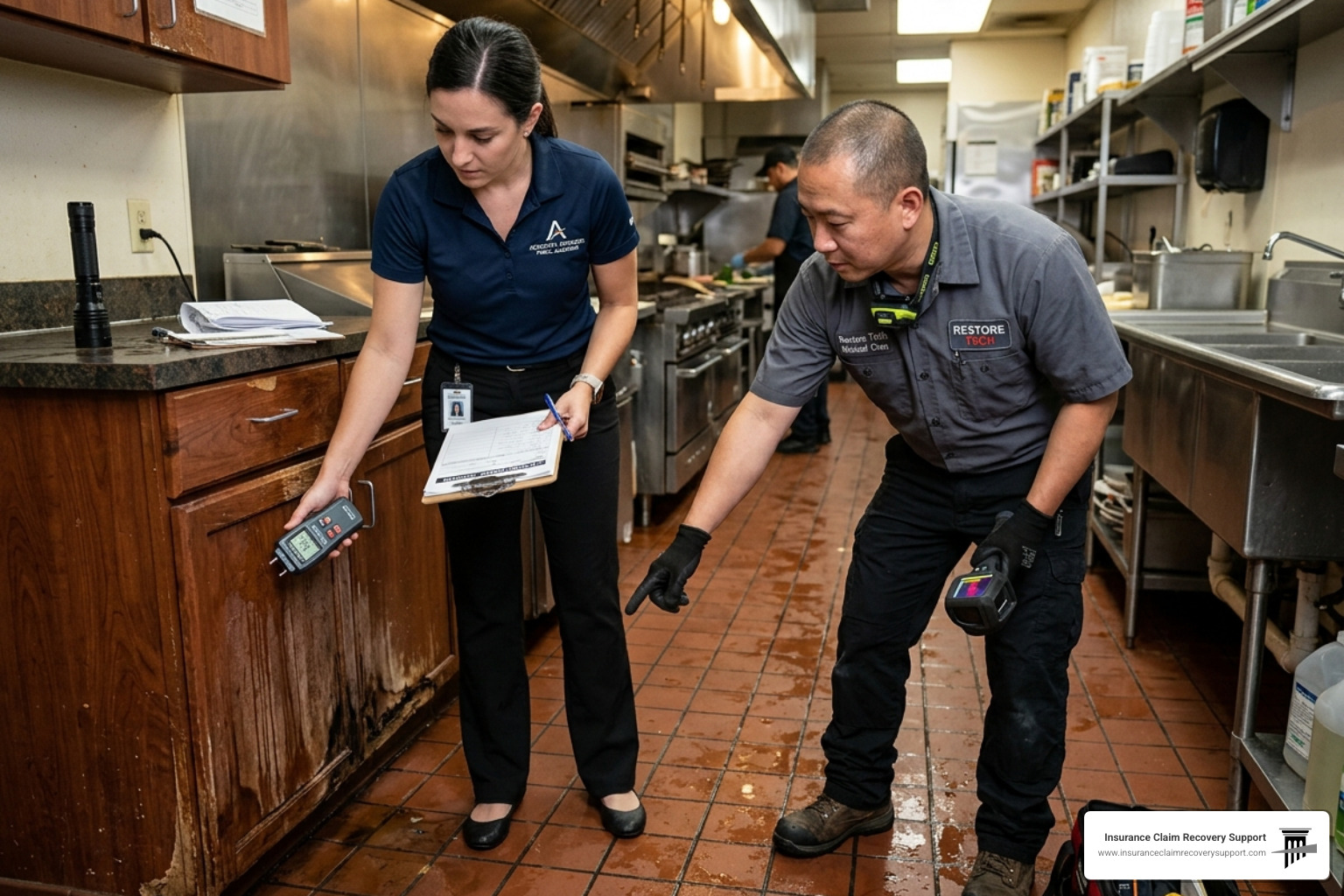 A public adjuster and a restoration contractor inspecting water damage in a commercial kitchen - commercial water damage A public adjuster and a restoration contractor inspecting water damage in a commercial kitchen - commercial water damage