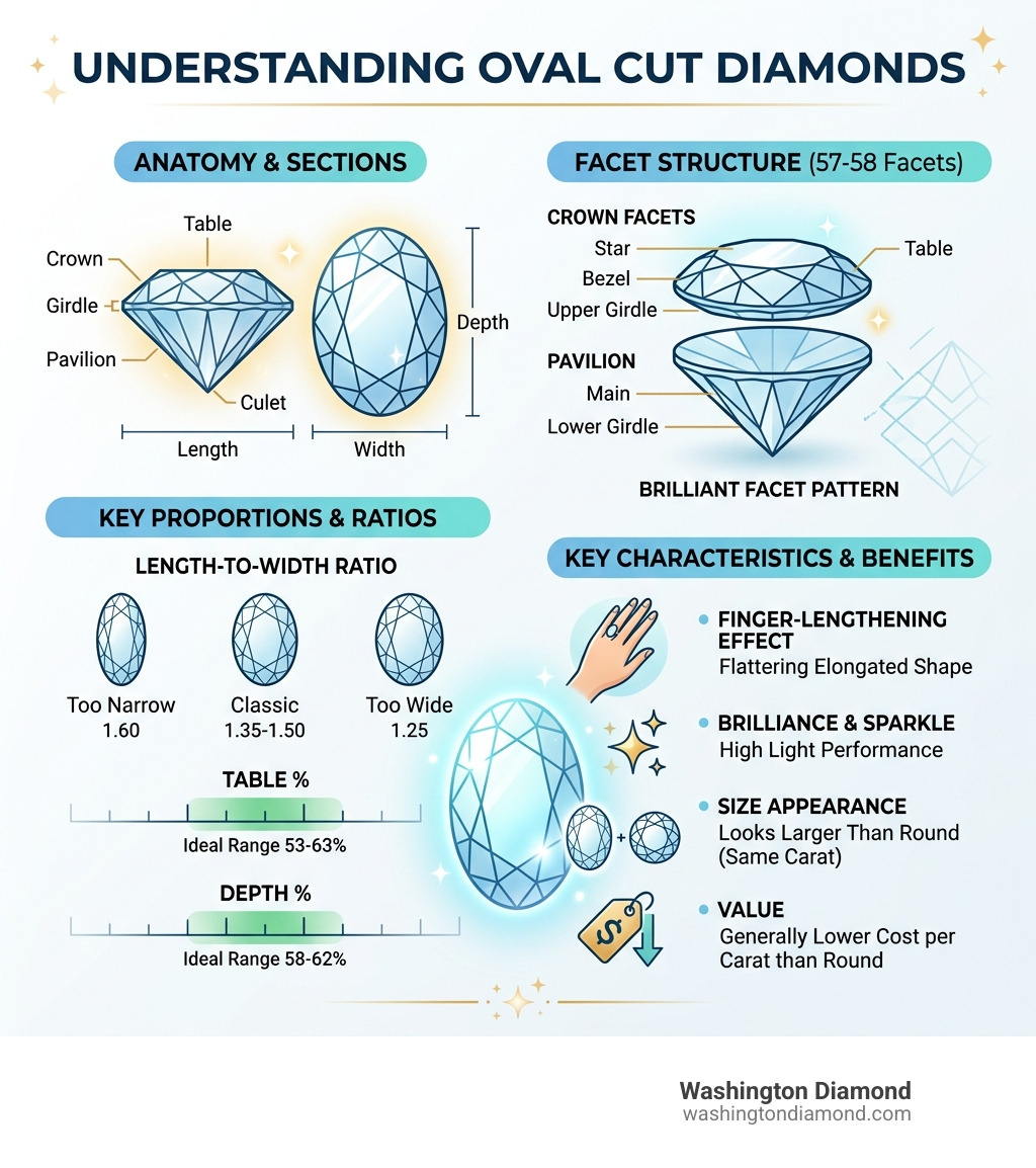 Oval cut diamond anatomy, facets, proportions, and key characteristics infographic - Oval cut diamond infographic 