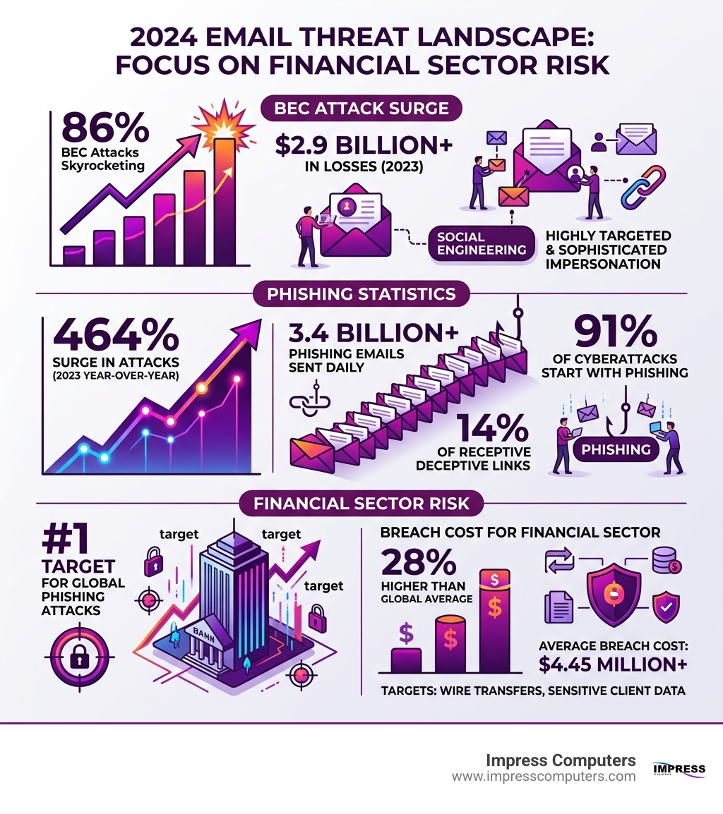 2024 email threat landscape showing BEC attack surge, phishing statistics, and financial sector risk - email security for 2024 email threat landscape showing BEC attack surge, phishing statistics, and financial sector risk - email security for