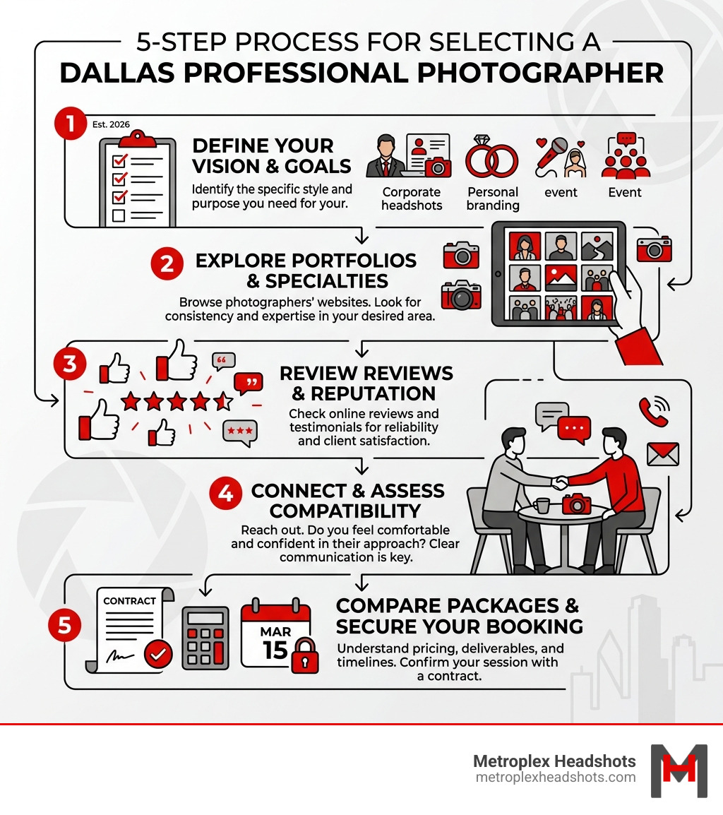 5-step process infographic for selecting a Dallas professional photographer - Dallas professional photographer infographic 
