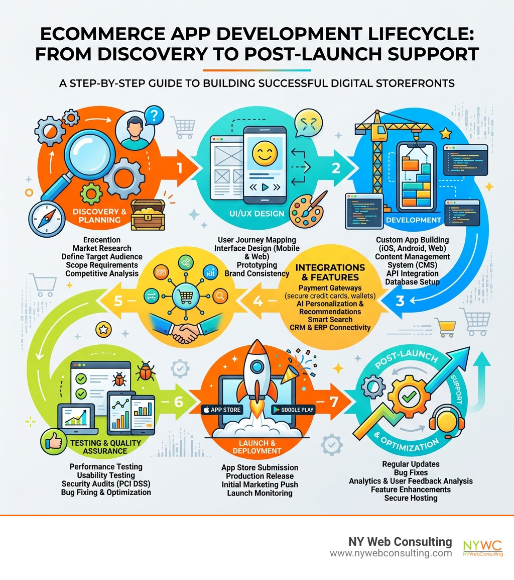 Ecommerce app development lifecycle from discovery to post-launch support infographic - ecommerce application development Ecommerce app development lifecycle from discovery to post-launch support infographic - ecommerce application development