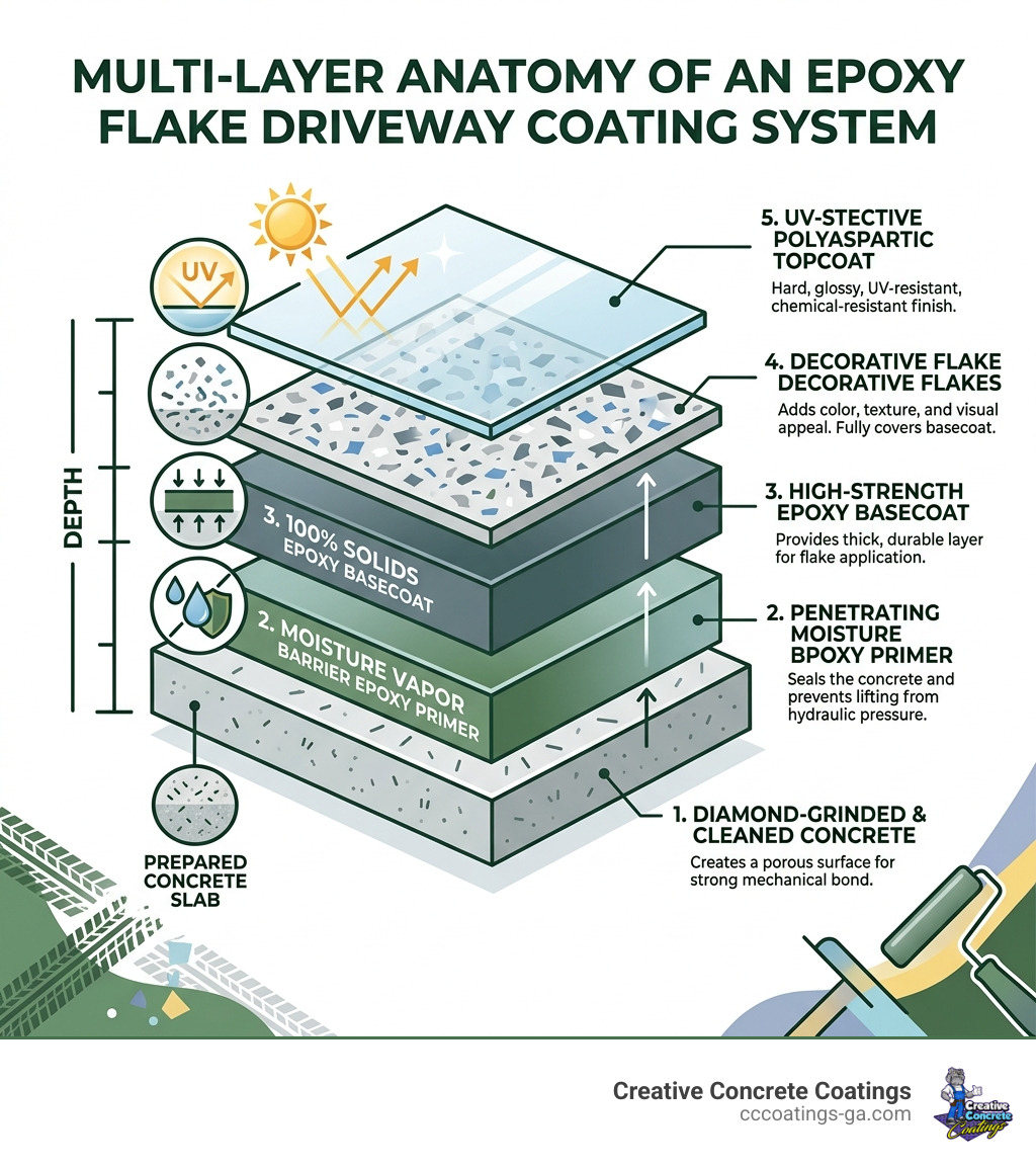 Multi-layer anatomy of an epoxy flake driveway coating system infographic - epoxy concrete driveway infographic Multi-layer anatomy of an epoxy flake driveway coating system infographic - epoxy concrete driveway infographic