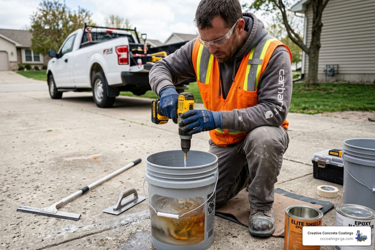 Mixing high-grade epoxy resin for a driveway project - epoxy concrete driveway Mixing high-grade epoxy resin for a driveway project - epoxy concrete driveway