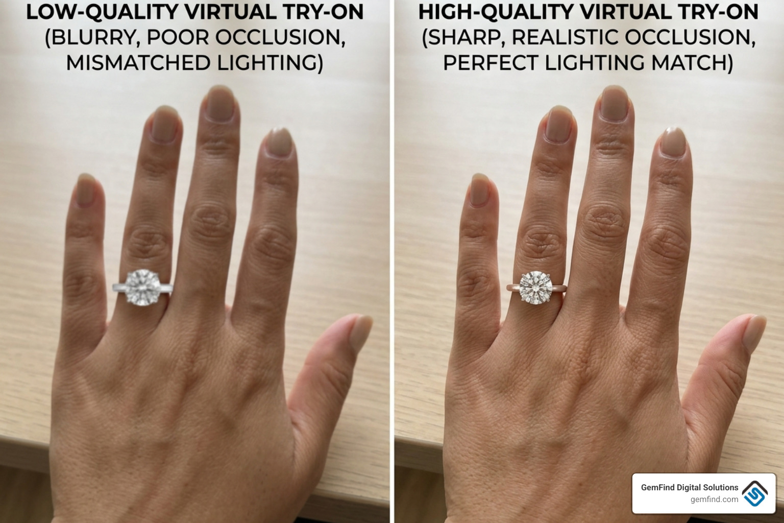 Comparison of low-quality vs high-quality virtual try-on results - custom jewelry try on