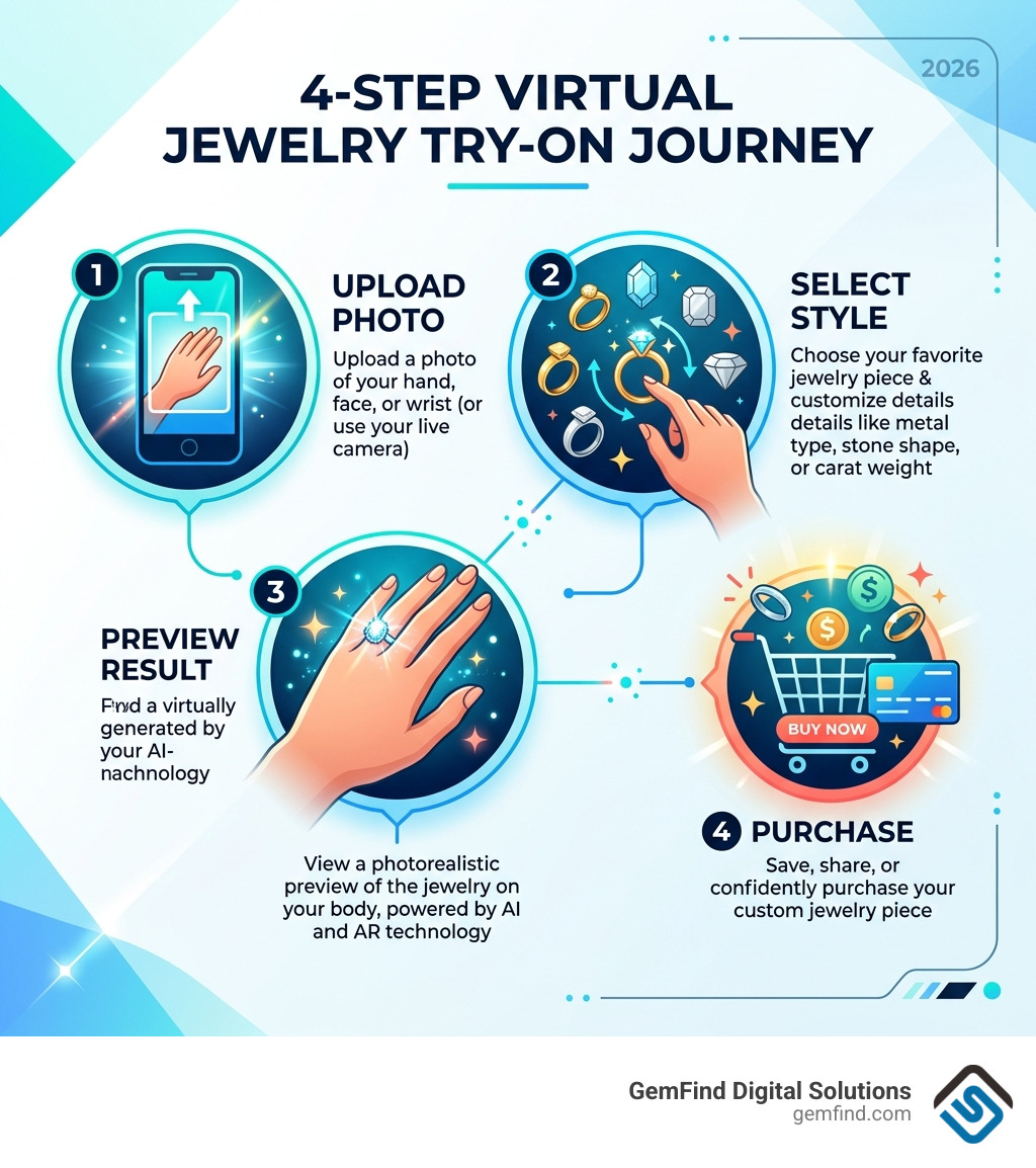 4-step virtual jewelry try-on journey: upload photo, select style, preview result, purchase - custom jewelry try on