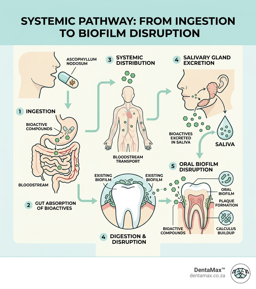 Infographic showing systemic pathway from Ascophyllum nodosum ingestion through gut absorption to salivary gland excretion